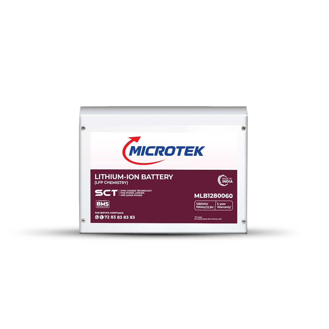 Microtek Lithium-Ion Battery MLB1280060 (12.8V/100Ah, 1280Wh) – LiFePO4 with SCT SyncCharge Technology, BMS Protection, 5-Year Warranty