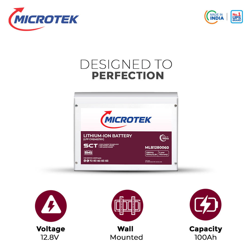 Microtek Lithium-Ion Battery MLB1280060 (12.8V/100Ah, 1280Wh) – LiFePO4 with SCT SyncCharge Technology, BMS Protection, 5-Year Warranty