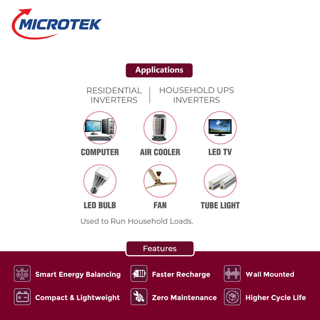 Microtek Lithium-Ion Battery MLB1280060 (12.8V/100Ah, 1280Wh) – LiFePO4 with SCT SyncCharge Technology, BMS Protection, 5-Year Warranty